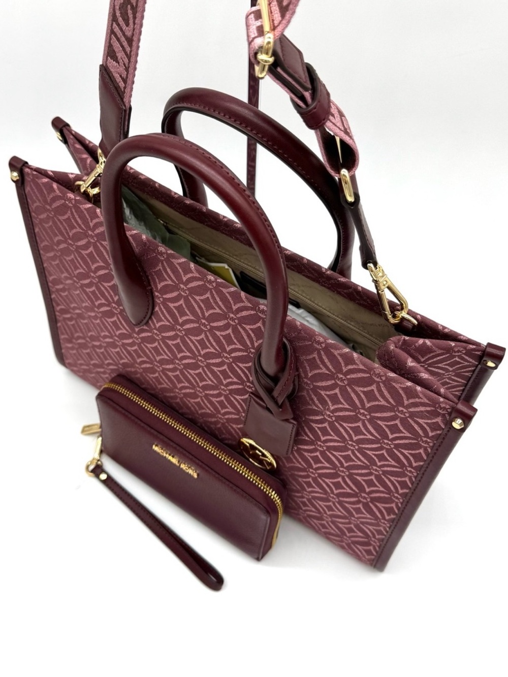 Michael Kors Medium Mirella Tote Bag & Matching Phone Case Wallet - Ox Blood - Picture 7 of 10